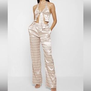 Maniere de Voir Satin Chevron Champagne Halter and Pant Set in Size UK 8 US 4